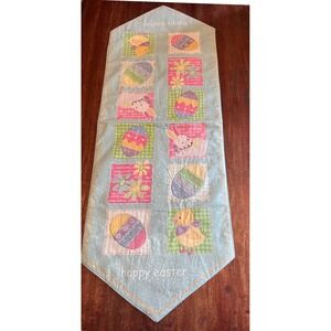 Happy Easter Quilted Table Runner Blue Polka Dot Bunny Chick Eggs‎ 13x36 LLL